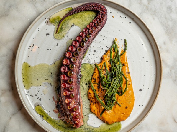 Polvo com parmantier romesco, salicornia, óleo de espirulina