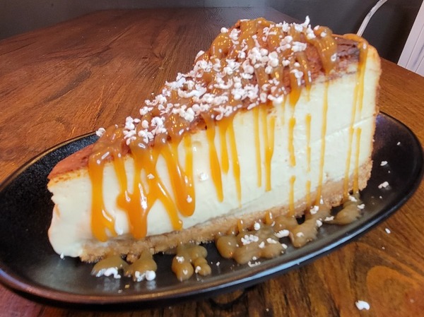 White chocolate and mascarpone cheesecake with salted caramel sauce