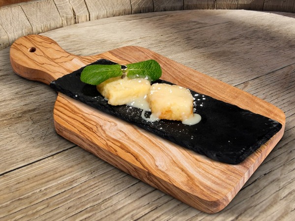 Leche frita y crema de chocolate blanco