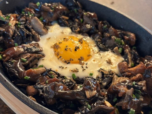 Parmentier de patatas con setas de temporada, yema de huevo y trufa