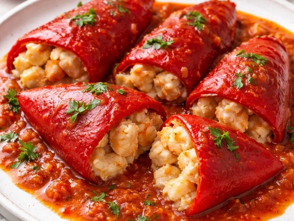 Pimientos del piquillo rellenos de bacalao y gambas