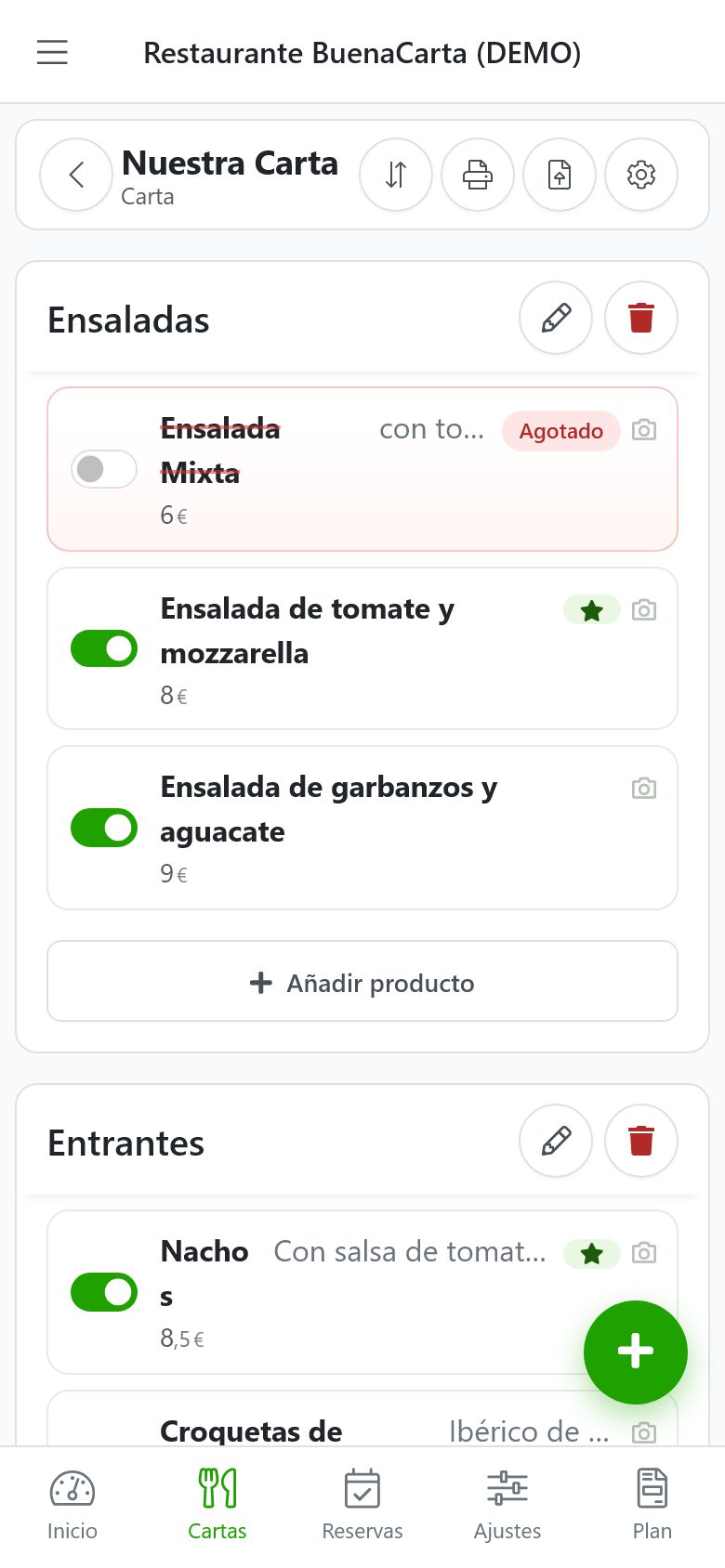 Panel de BuenaCarta: familias y platos de una carta con interruptores de visible y agotado