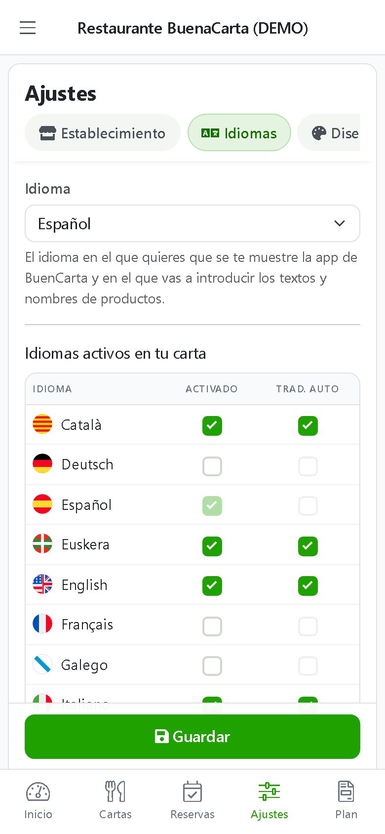 Idiomas activos de la carta QR con traducción automática con IA