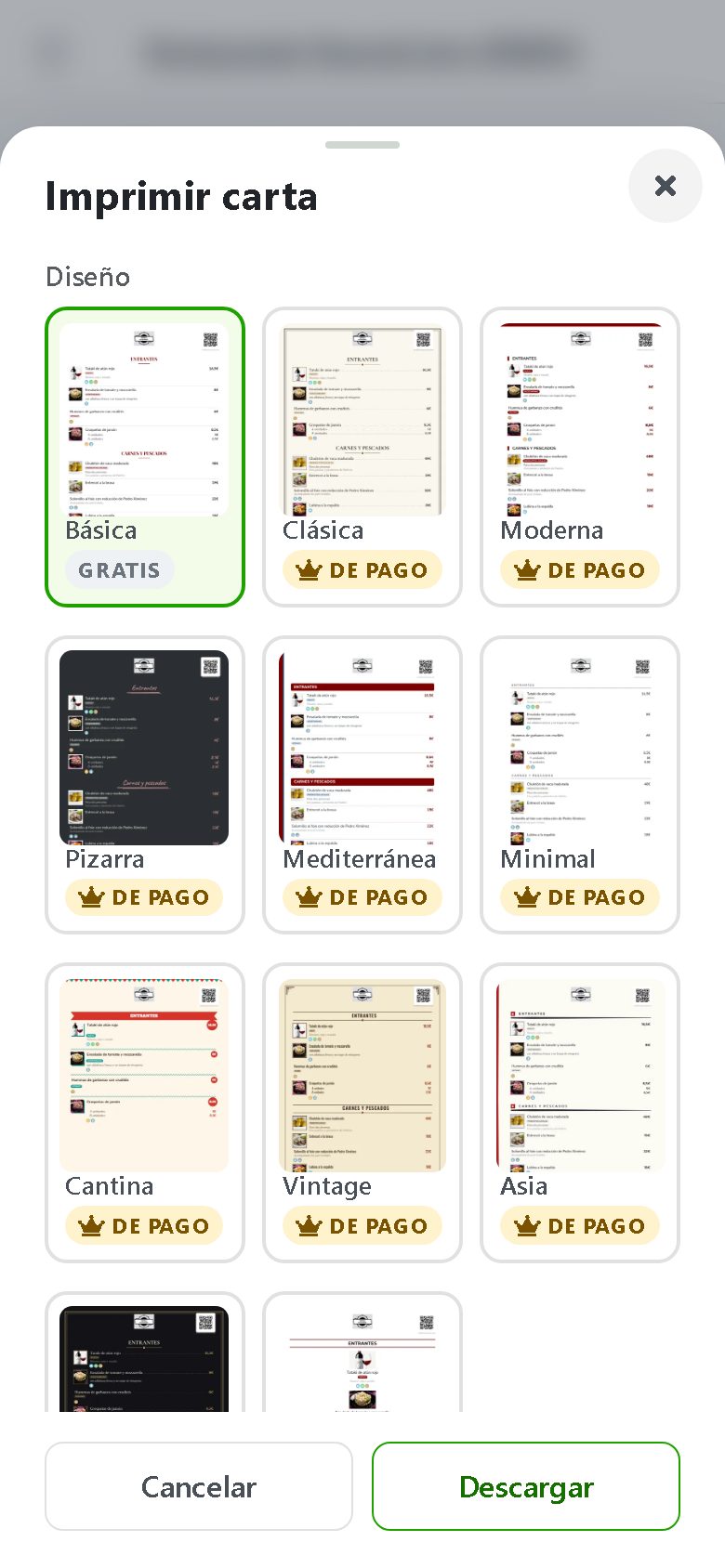 Panel de BuenaCarta: elección de diseño para imprimir la carta en PDF