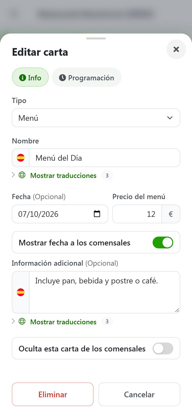 BuenaCarta-ren panela: Menua motako karta, data, menuaren prezioa eta informazio gehigarriarekin