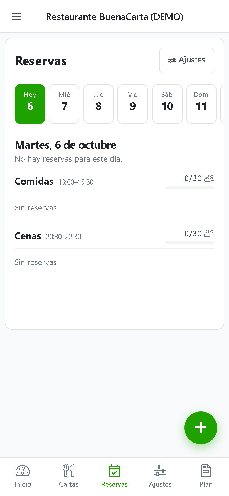 Agenda de reservas del restaurante en la app de BuenaCarta: días de la semana y turnos de comidas y cenas con su aforo