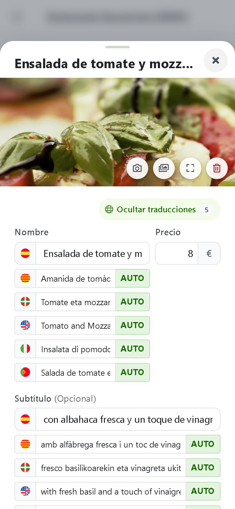 Panel de BuenaCarta: traducciones automáticas con IA de un plato a catalán, euskera, inglés, italiano y portugués