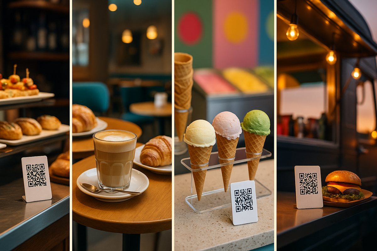 Carta QR en un bar de tapas, una cafetería, una heladería y un food truck
