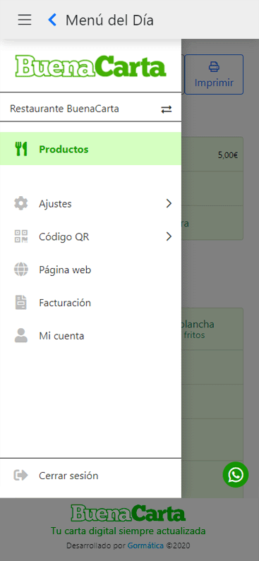 Pantalla de configuración de BuenaCarta