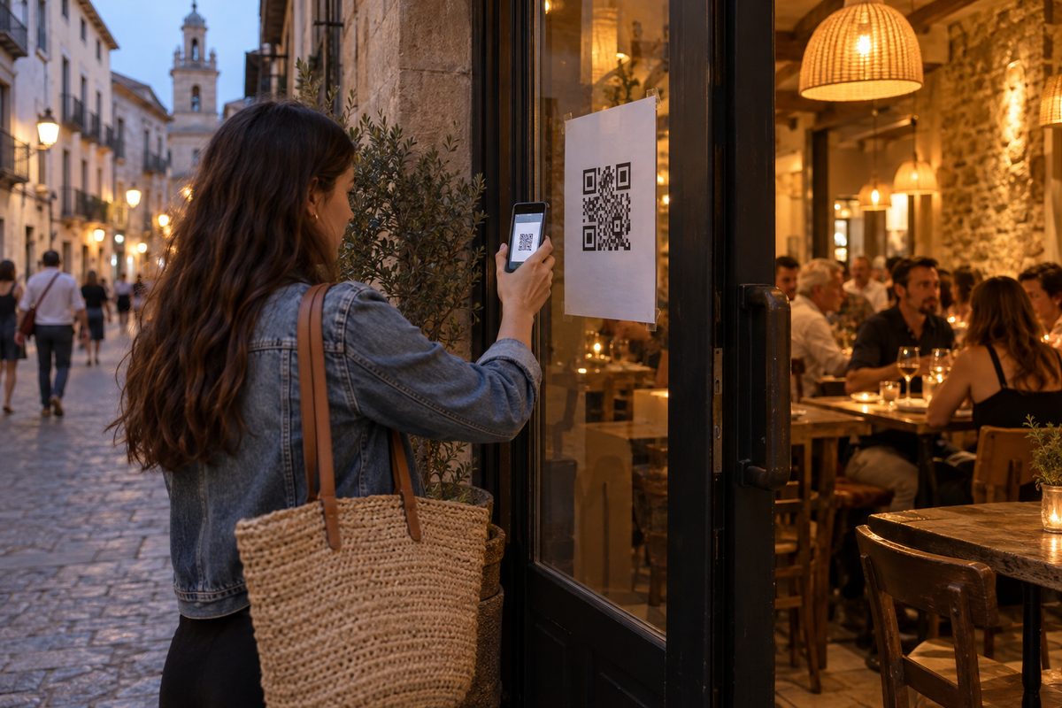 Cartel con el código QR de la carta en la puerta de un restaurante, escaneado por una clienta