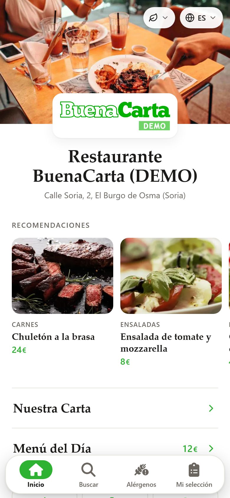 Portada de la carta QR con logo, foto, platos recomendados y botones de llamar, WhatsApp y cómo llegar