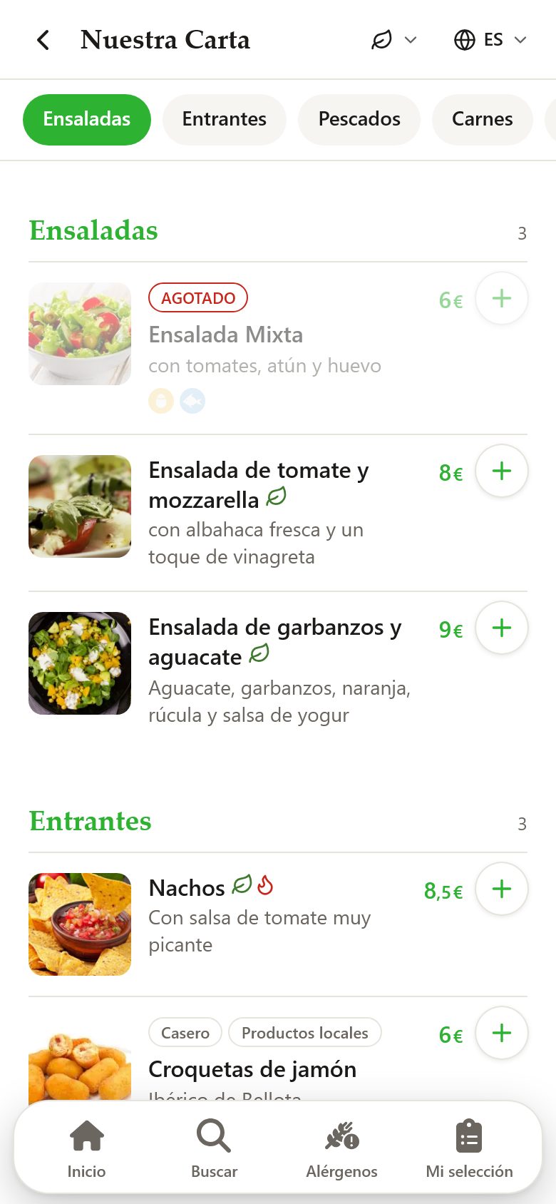 Familias de platos de la carta digital con fotos, precios y platos agotados