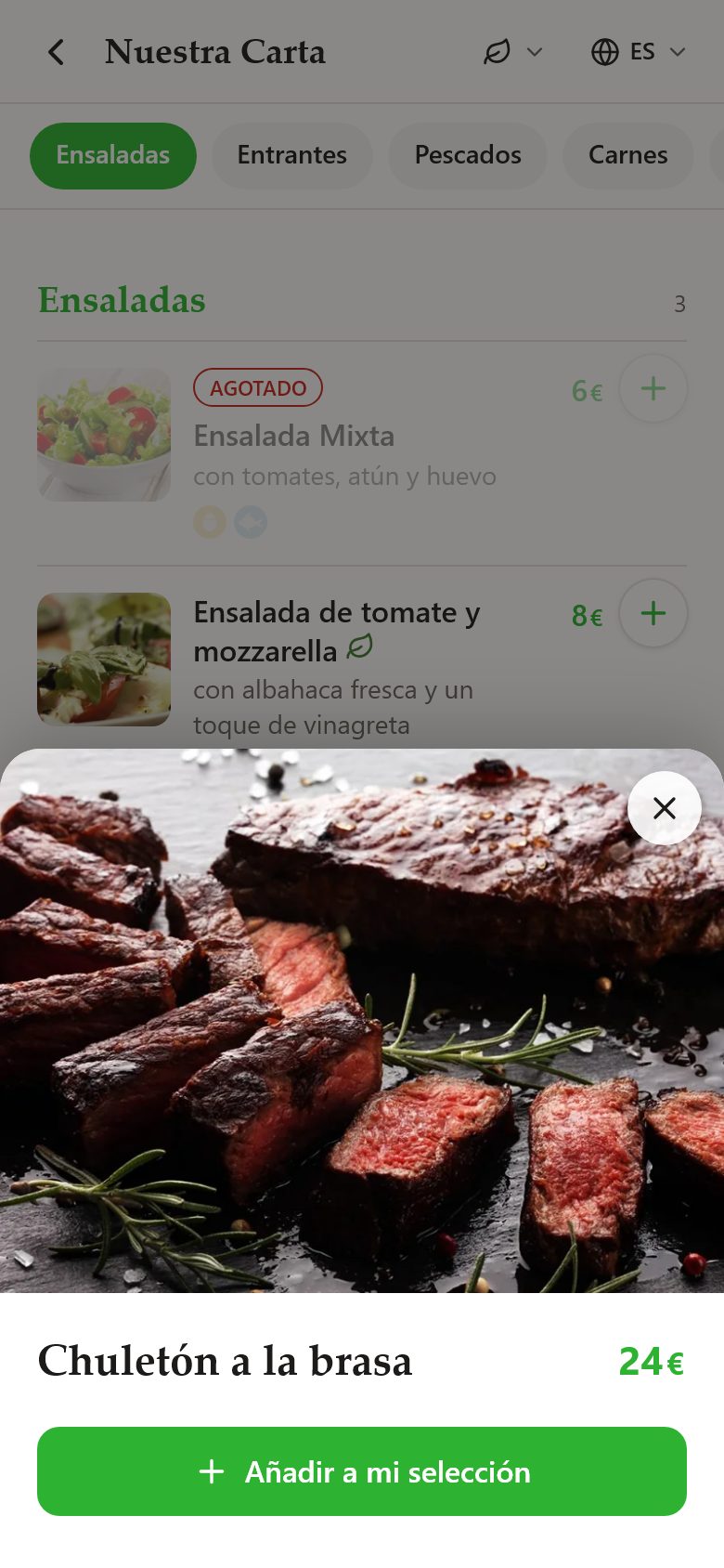 Ficha de un plato de la carta QR con foto a pantalla completa y precio
