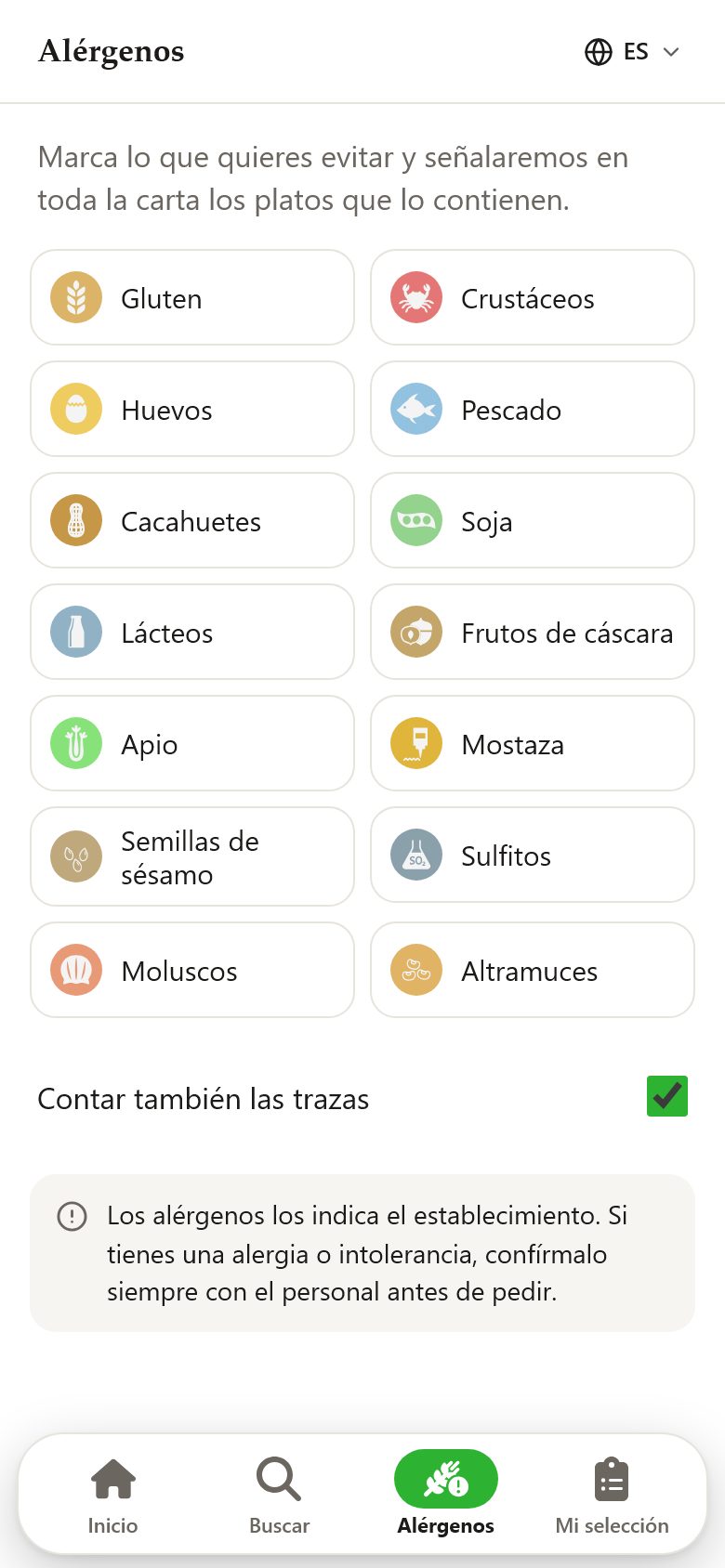 Filtro de alérgenos de la carta digital con los 14 alérgenos