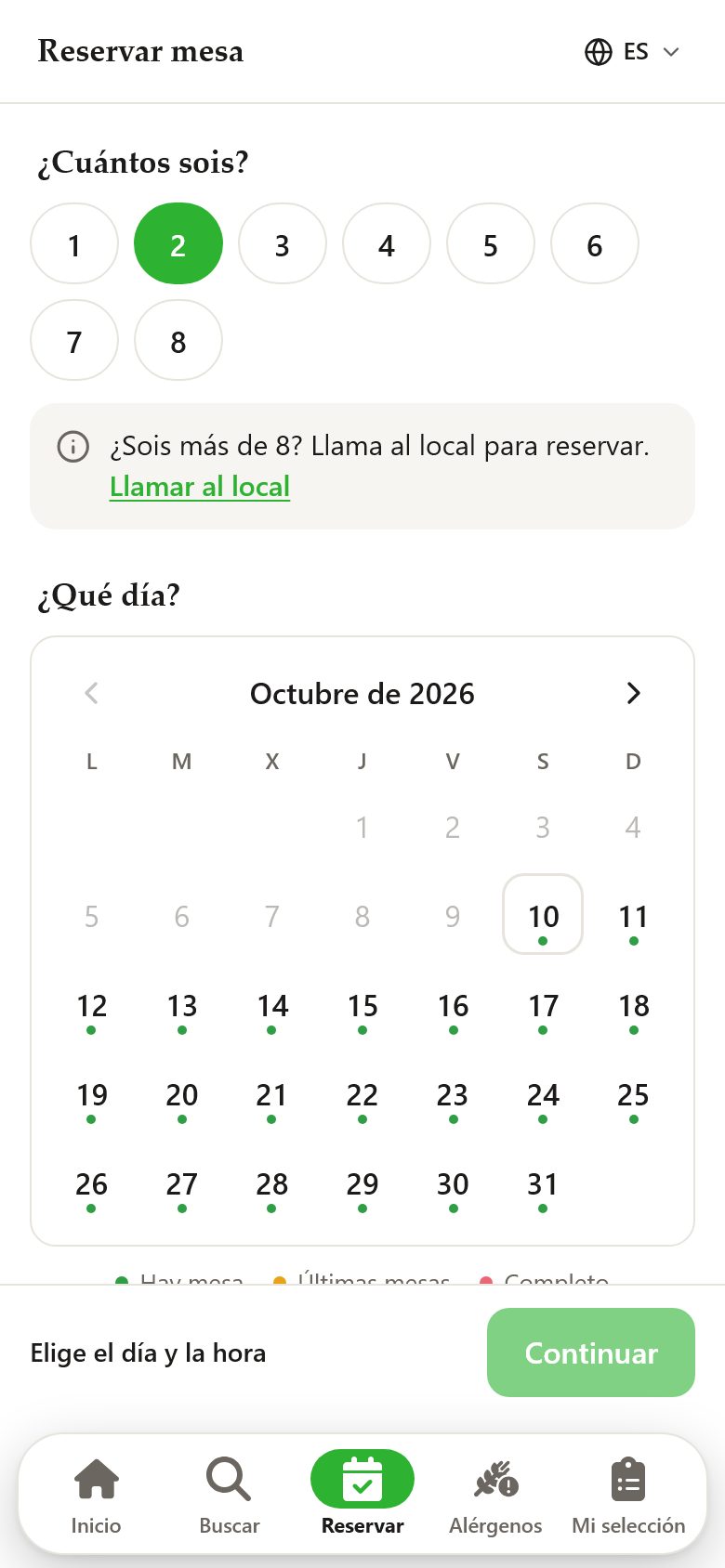 Reservar mesa desde la carta QR: número de personas y calendario con los días que tienen mesa libre