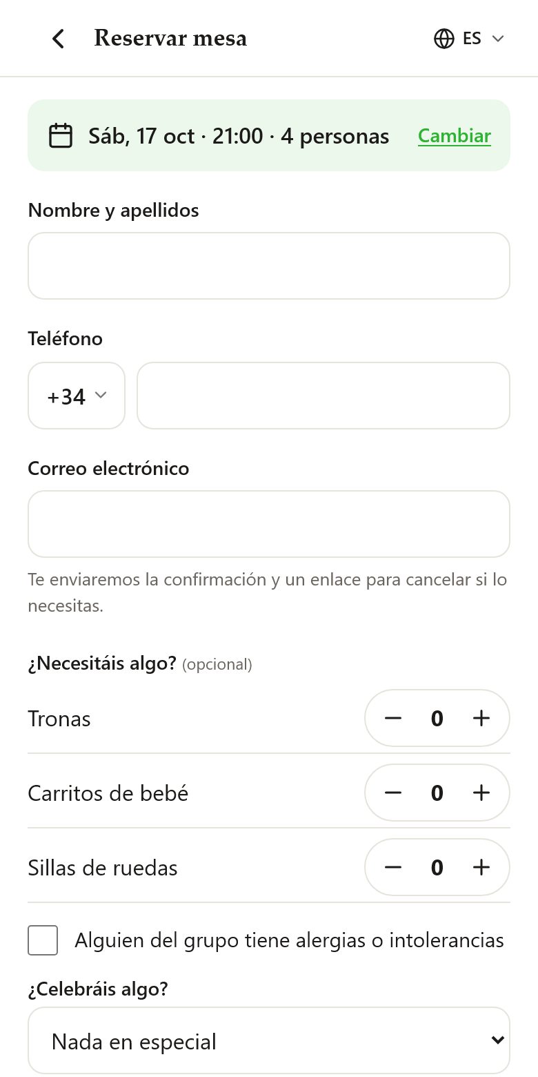 Datos de la reserva: nombre, teléfono, correo, tronas, carritos, sillas de ruedas, alergias y celebración