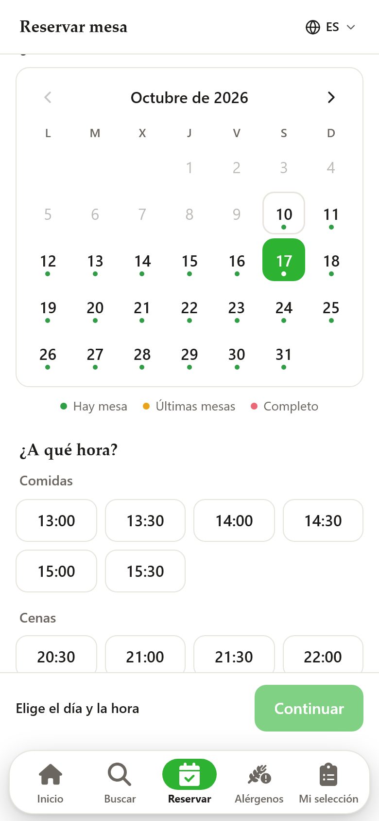 Horas libres para reservar en los turnos de comidas y cenas del restaurante