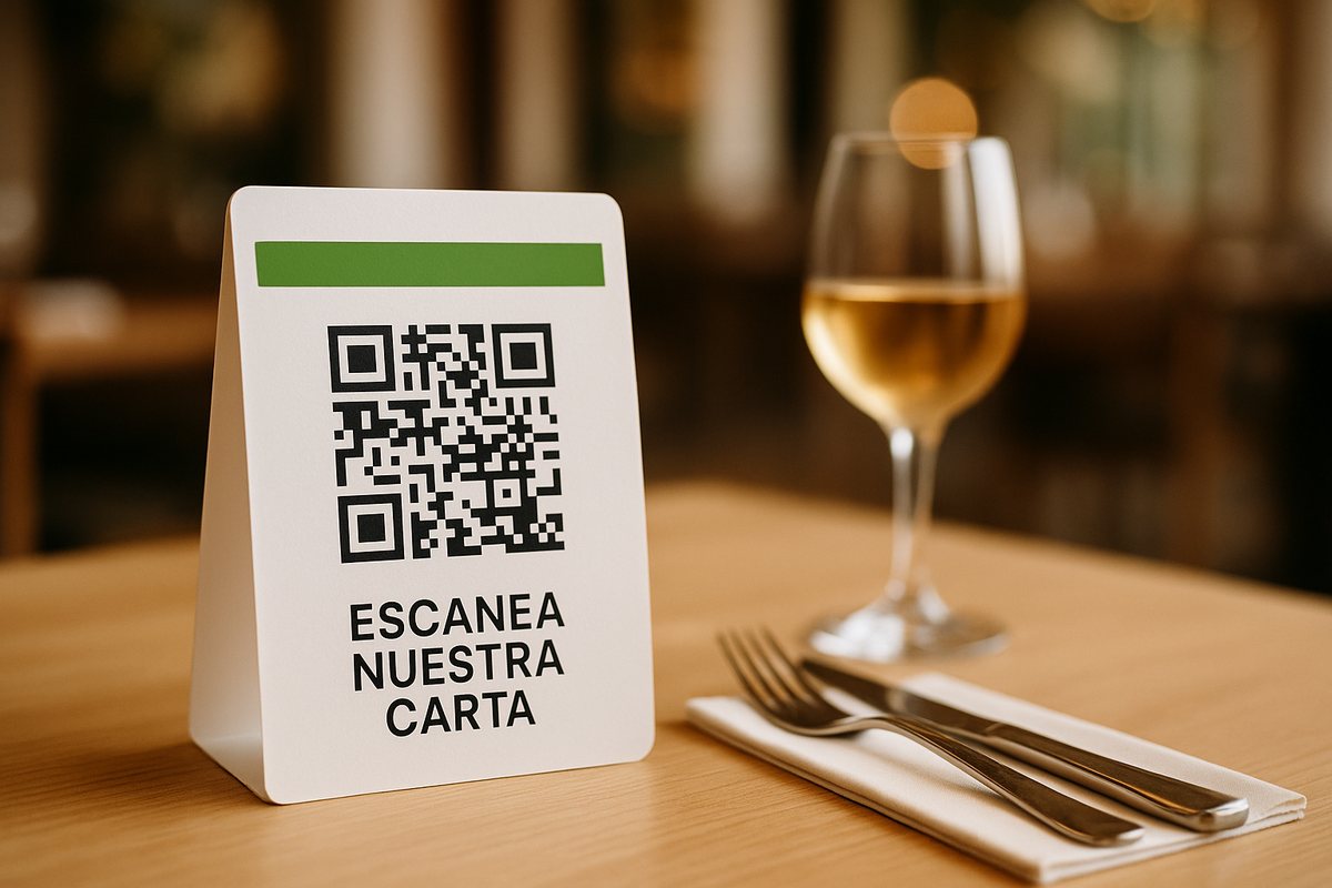 Expositor de mesa con el código QR de la carta de un restaurante