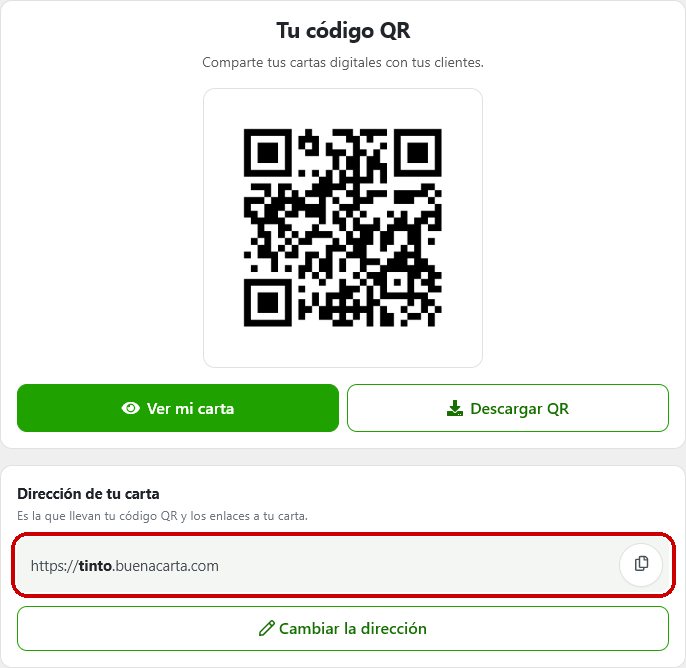 Panel de BuenaCarta con la dirección de la carta y el botón de copiar