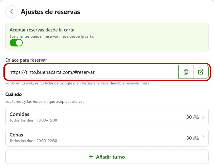 Ajustes de reservas de BuenaCarta con el enlace para reservar