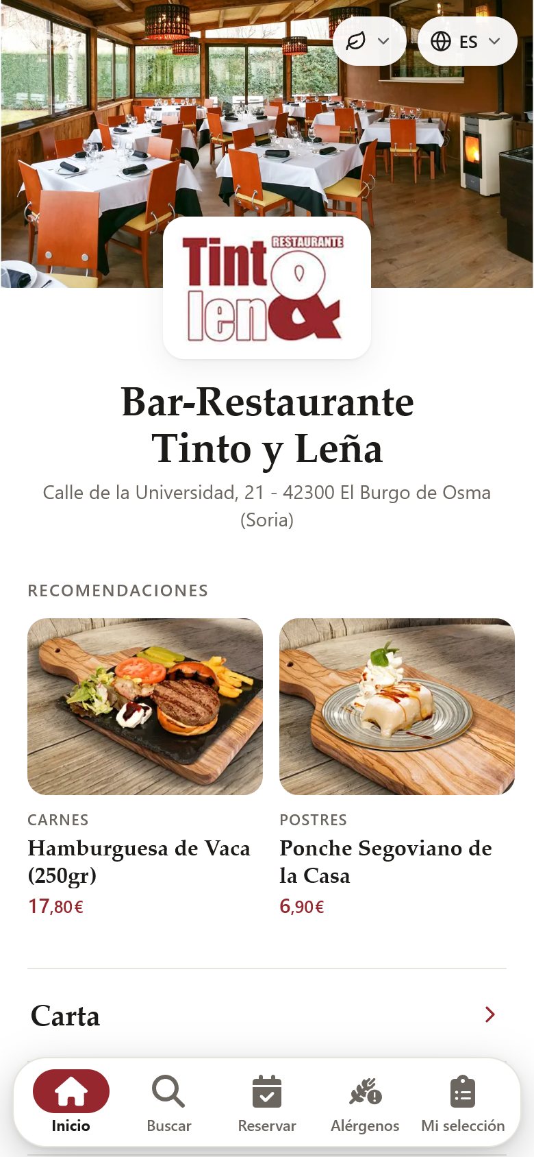 Carta digital del restaurante Tinto y Leña abierta desde Google
