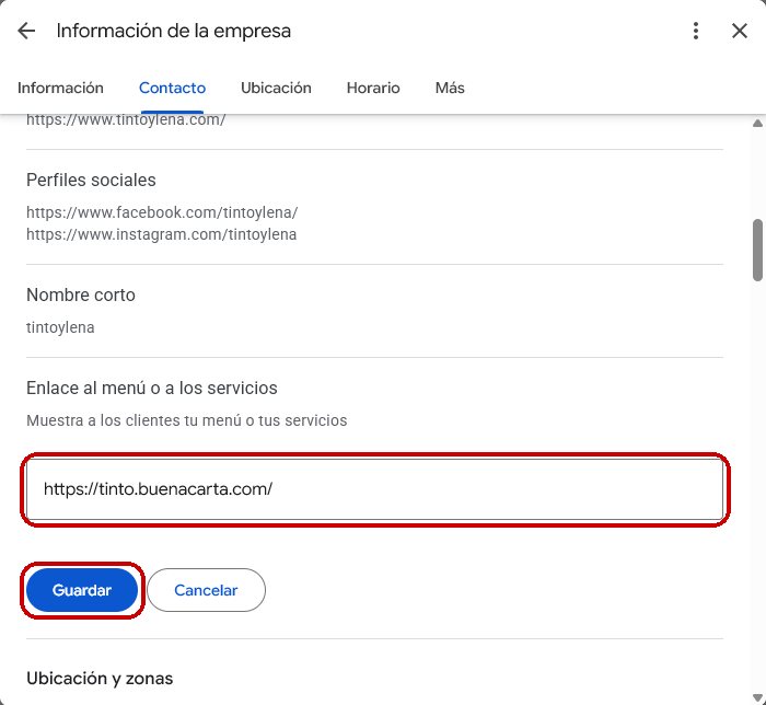 Campo Enlace al menú o a los servicios con la dirección de la carta y el botón Guardar