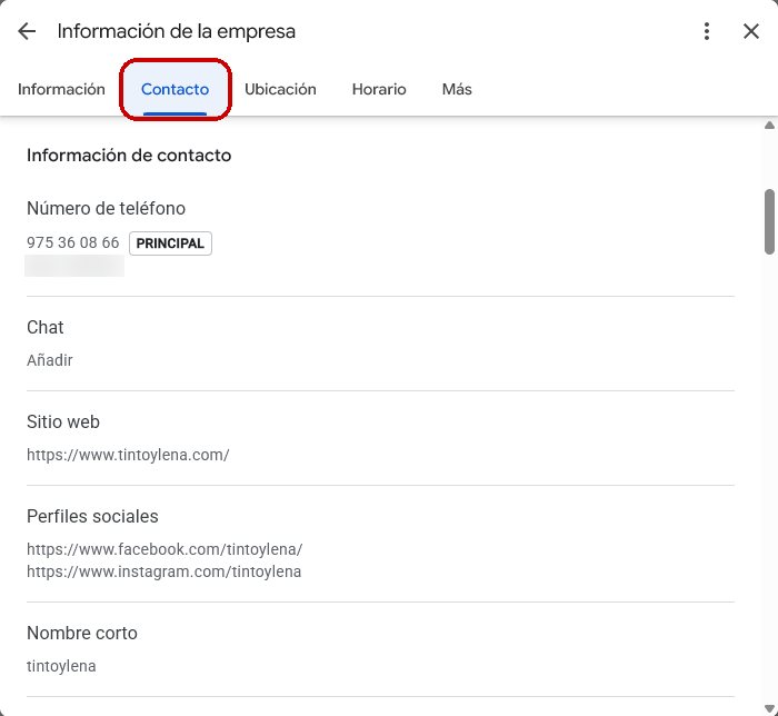 Información de la empresa en Google con la pestaña Contacto