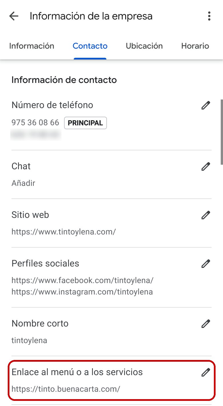 Enlace al menú o a los servicios en la ficha de Google desde el móvil
