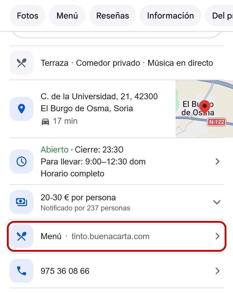 Ficha de Google de un restaurante con el enlace Menú a su carta digital