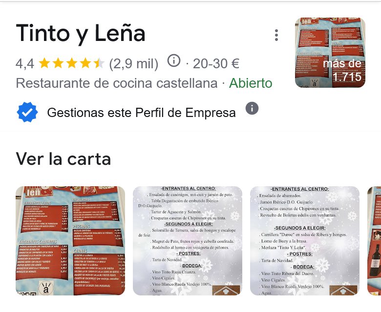 Fotos de la carta en papel de un restaurante subidas por clientes en Google