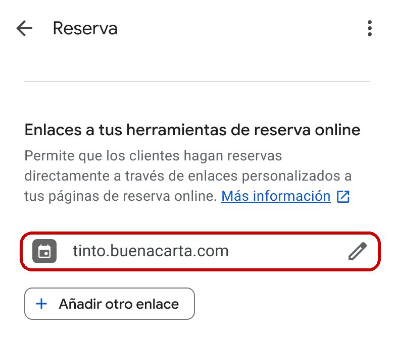 Enlace de reservas guardado en la ficha de Google desde el móvil