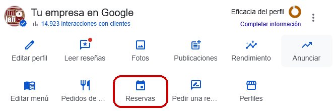 Botón Reservas en el panel Tu empresa en Google