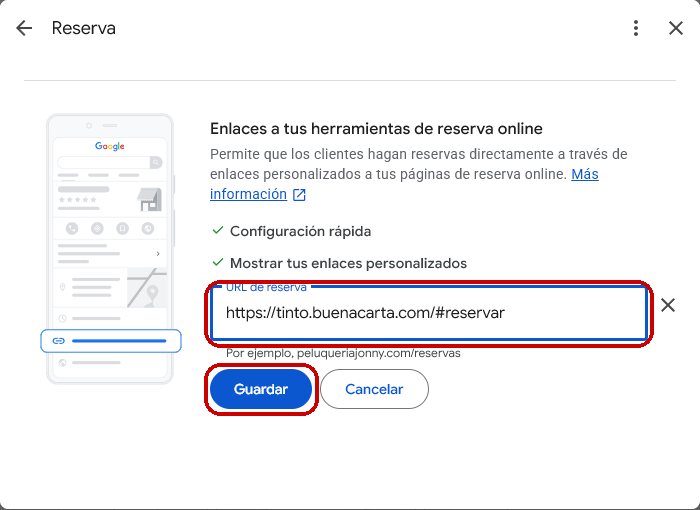 Añadir la URL de reserva en la ficha de Google y guardar