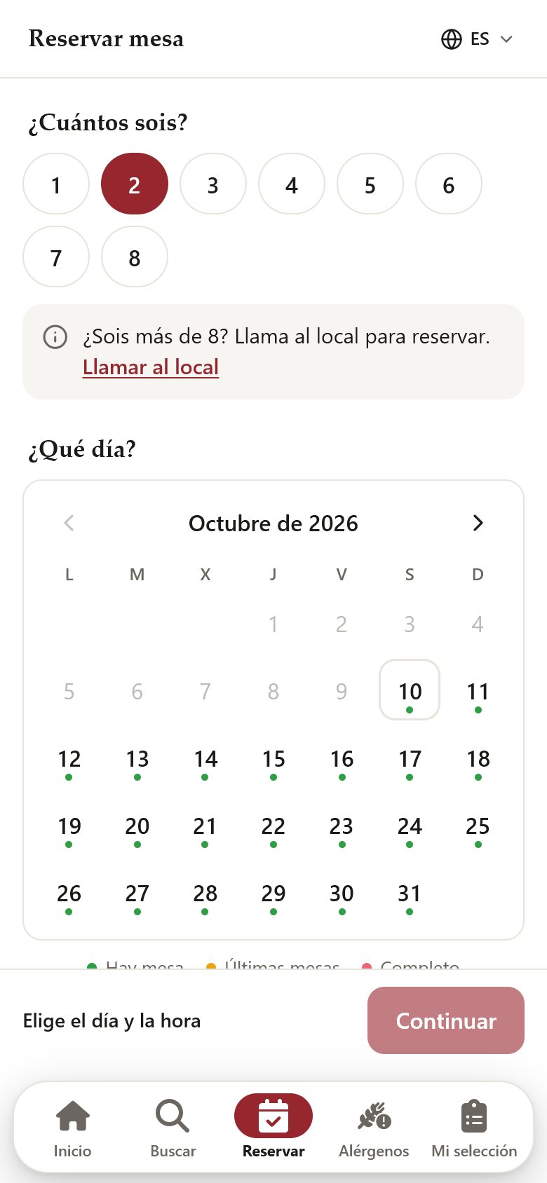 Pantalla para reservar mesa en la carta digital del restaurante Tinto y Leña