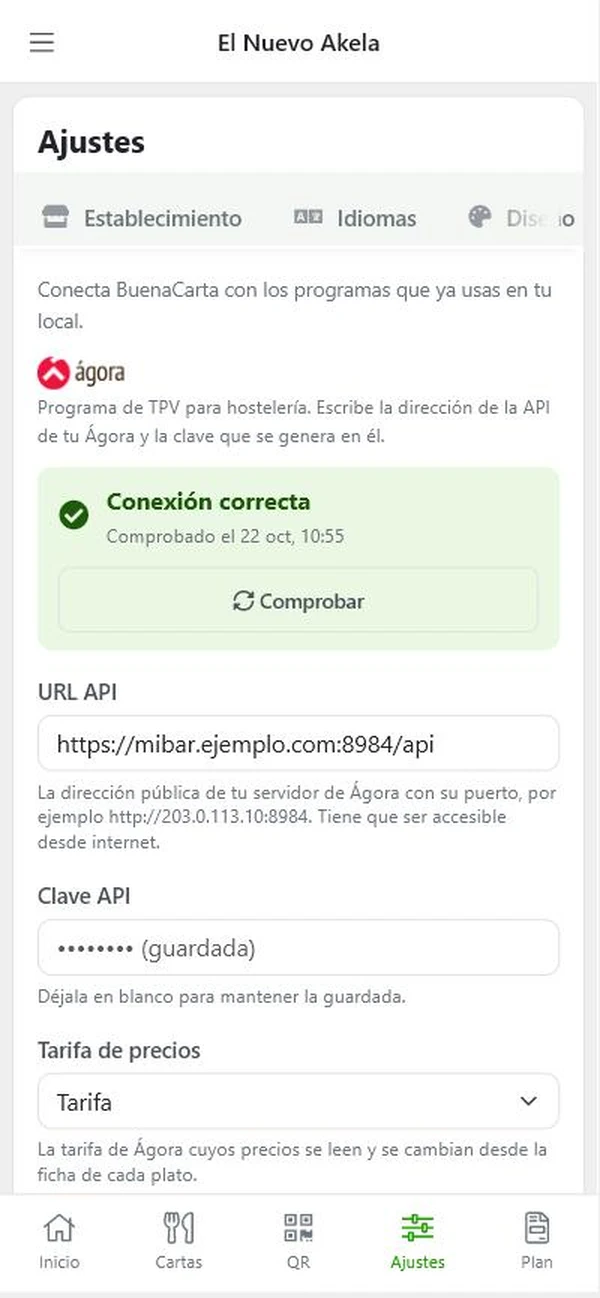 Ajustes de integraciones en la app de BuenaCarta con la conexión con Ágora correcta y la tarifa de precios elegida