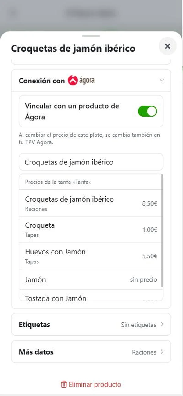 Buscador de productos de Ágora en la ficha de un plato de BuenaCarta, agrupados por familia y con su precio