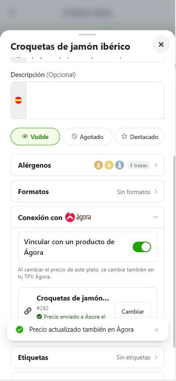 Plato de BuenaCarta vinculado con un producto de Ágora y aviso de precio actualizado también en Ágora