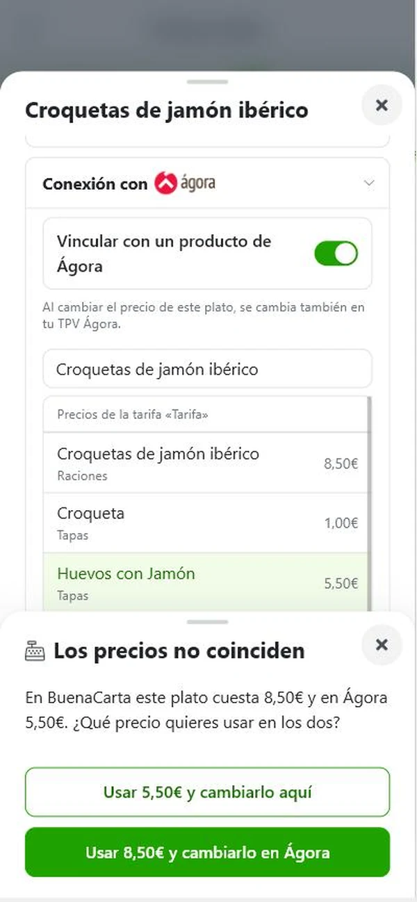 Aviso de precios que no coinciden entre BuenaCarta y Ágora con las dos opciones para elegir