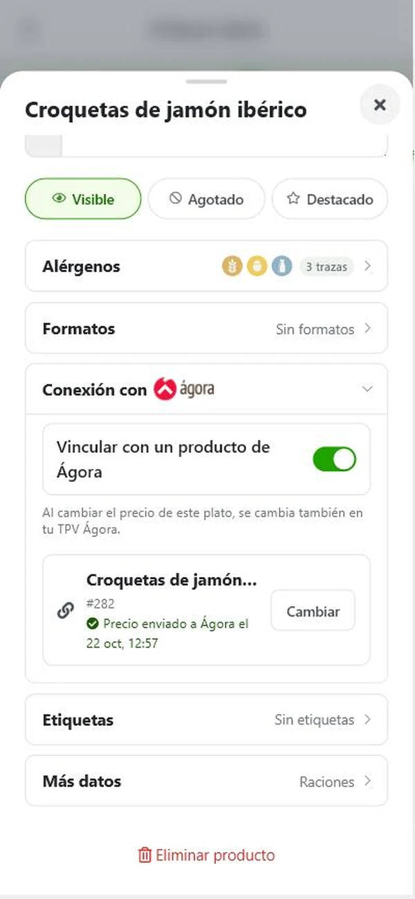 Ficha de un plato en la app de BuenaCarta vinculado con su producto de Ágora