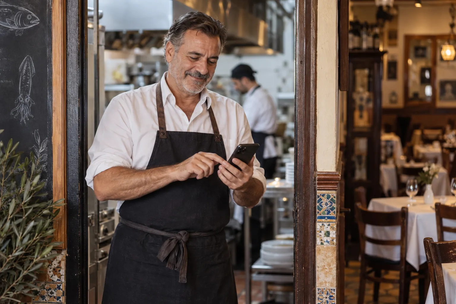 Dueño de un restaurante actualiza la carta desde el móvil en la puerta de la cocina