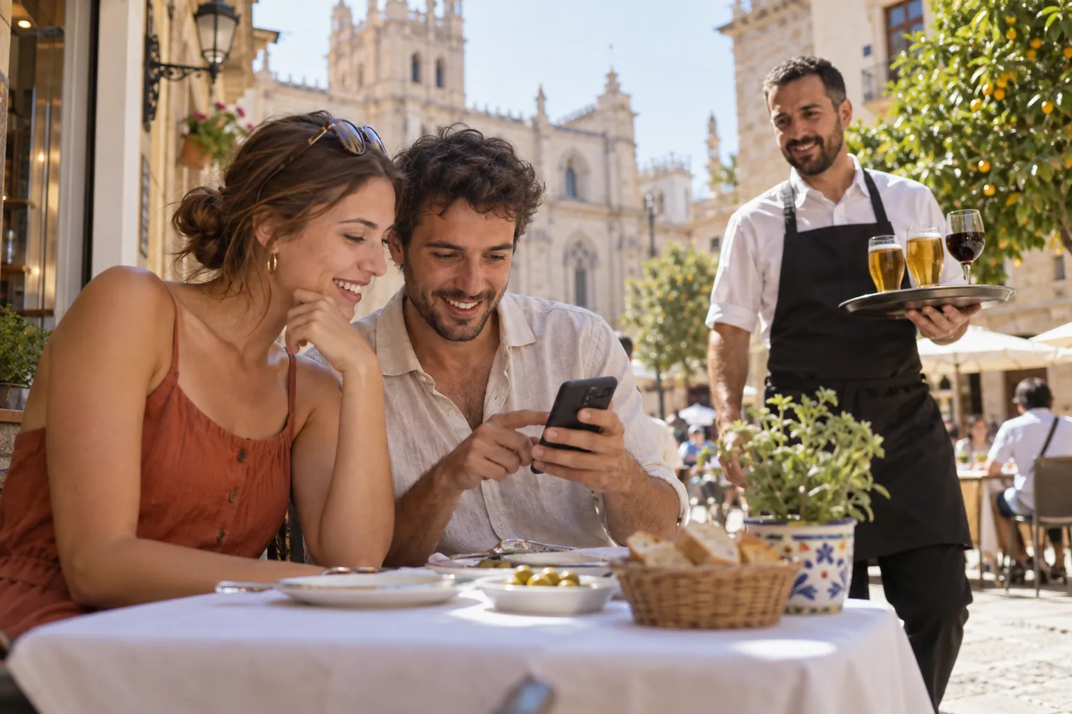 Turistas leen la carta del restaurante en su idioma desde el móvil en una terraza