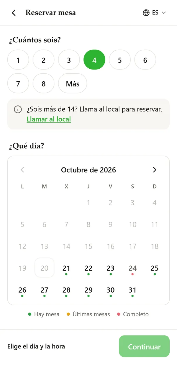 Reservar mesa desde la carta QR: número de personas y calendario con los días que tienen mesa libre