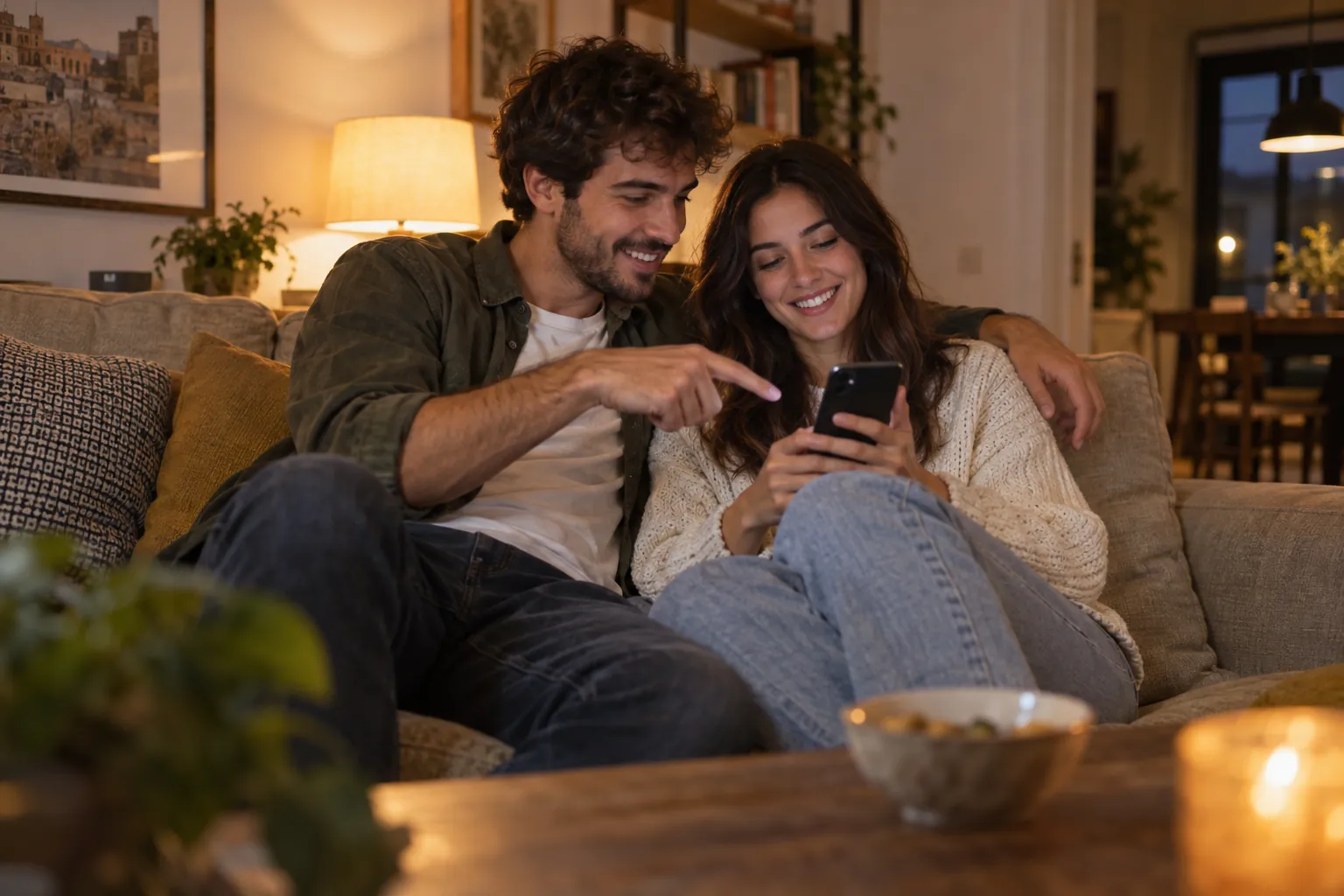 Pareja en el sofá de casa reservando mesa en un restaurante desde el móvil por la noche