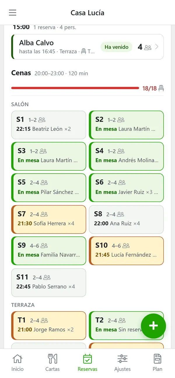 Plano de mesas de la cena en el móvil: mesas en la mesa, reservadas y con retraso